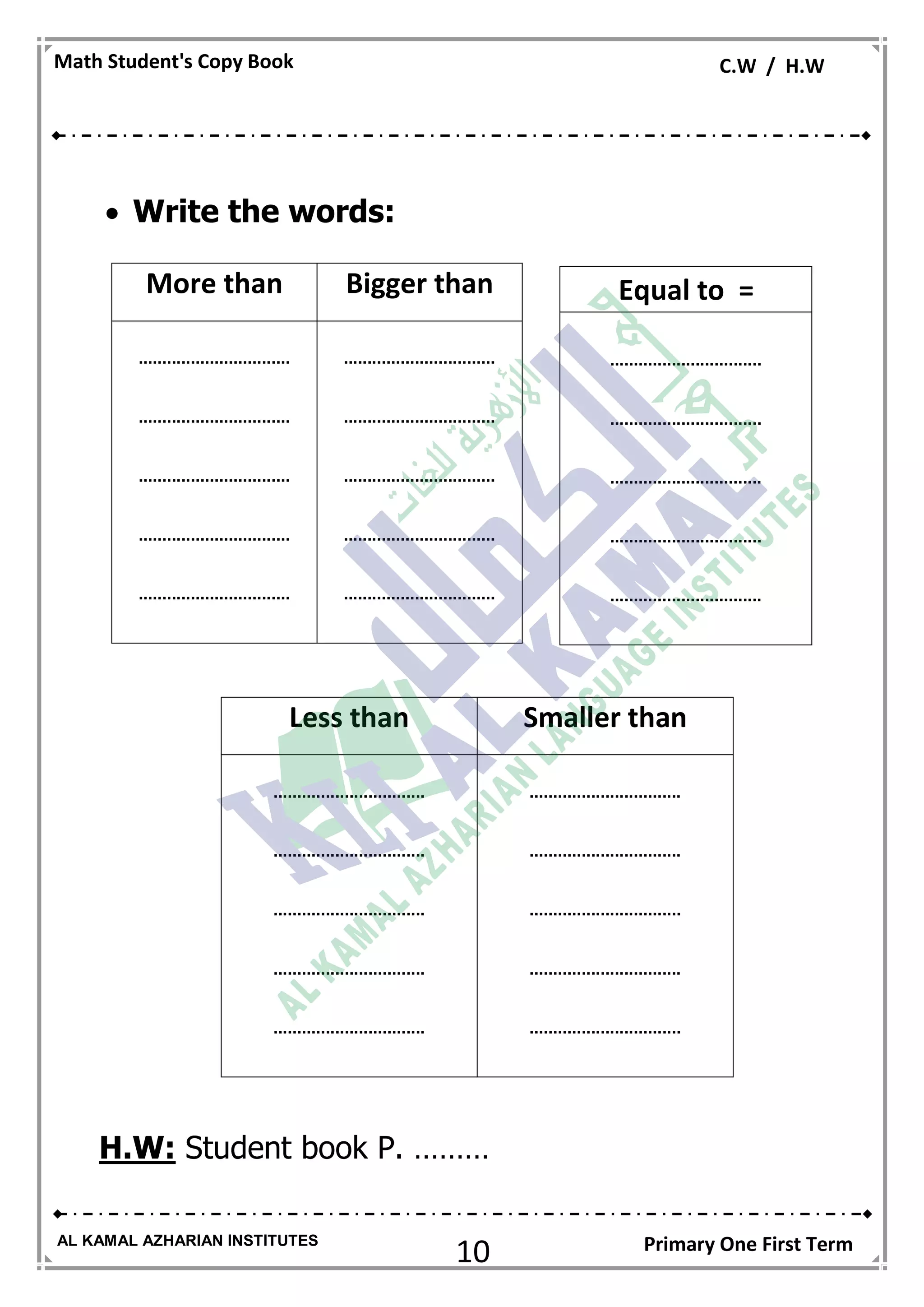 10
Math Student's Copy Book C.W / H.W
AL KAMAL AZHARIAN INSTITUTES Primary One First Term
 Write the words:
H.W: Student book P. ………
Bigger thanMore than
................................
................................
................................
................................
................................
................................
................................
................................
................................
................................
Equal to =
................................
................................
................................
................................
................................
Smaller thanLess than
................................
................................
................................
................................
................................
................................
................................
................................
................................
................................
 