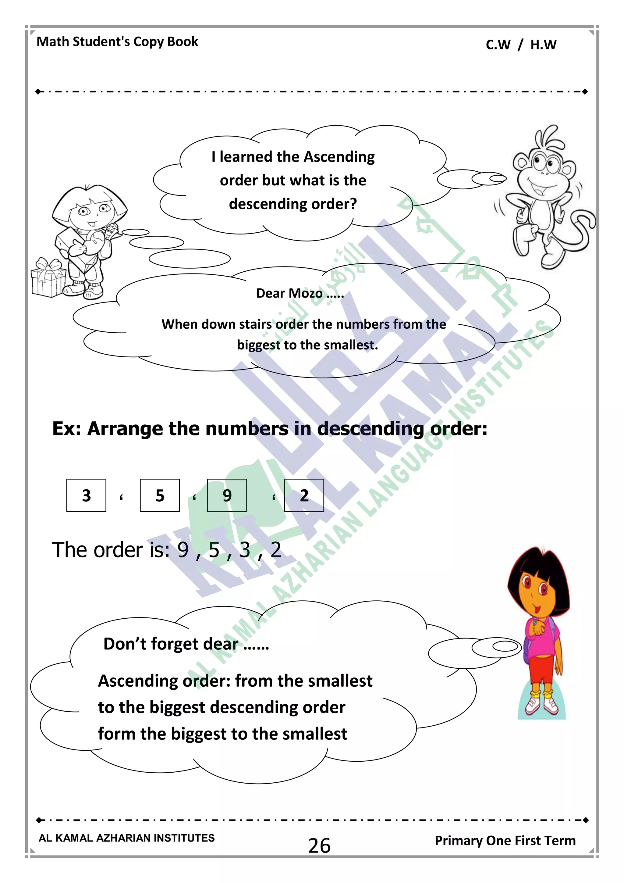 26
Math Student's Copy Book C.W / H.W
AL KAMAL AZHARIAN INSTITUTES Primary One First Term
Ex: Arrange the numbers in descending order:
، ، ،
The order is: 9 , 5 , 3 , 2
I learned the Ascending
order but what is the
descending order?
Dear Mozo …..
When down stairs order the numbers from the
biggest to the smallest.
Don’t forget dear ……
Ascending order: from the smallest
to the biggest descending order
form the biggest to the smallest
23 5 9
 