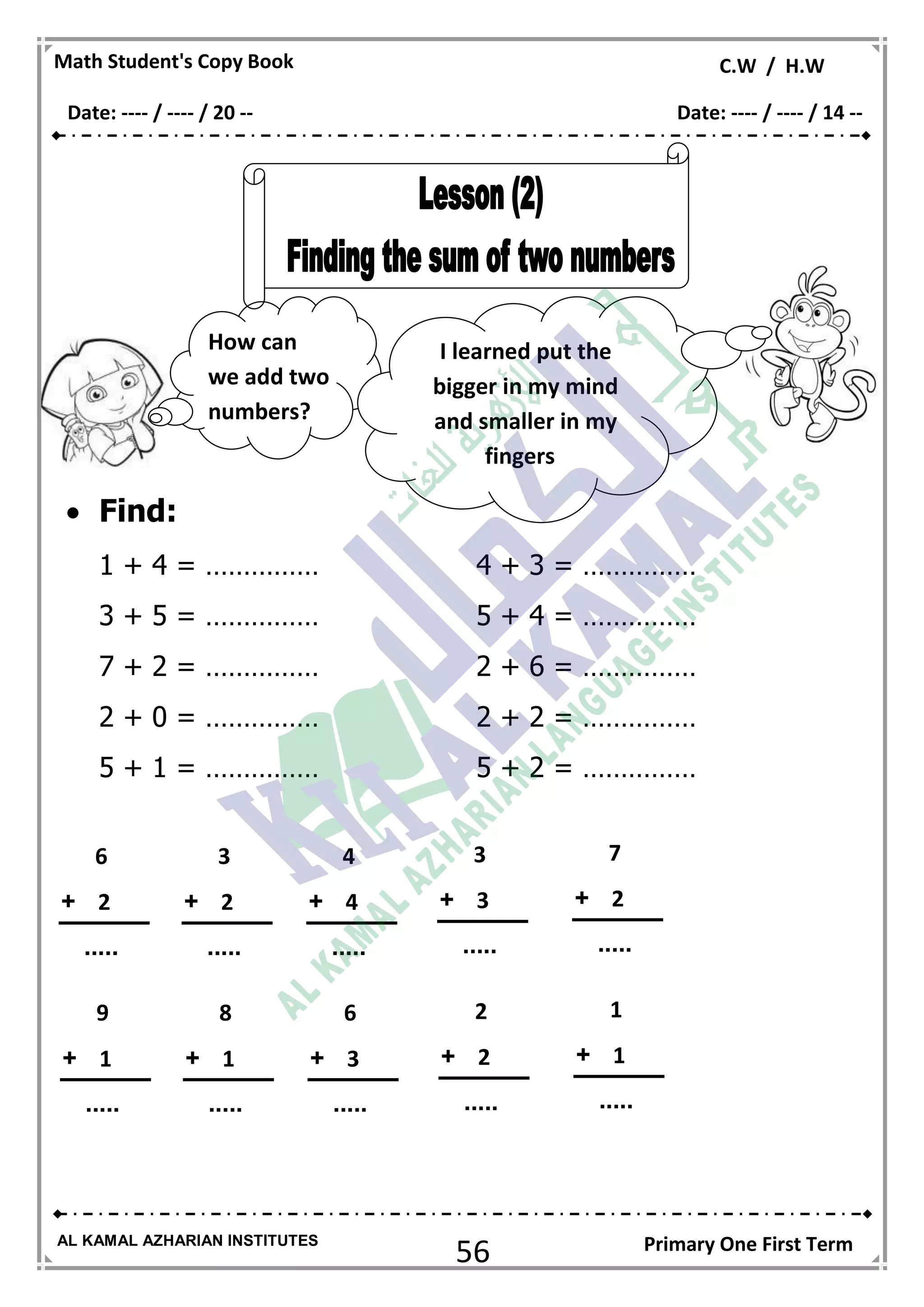 56
Math Student's Copy Book C.W / H.W
AL KAMAL AZHARIAN INSTITUTES Primary One First Term
 Find:
1 + 4 = …………… 4 + 3 = ……………
3 + 5 = …………… 5 + 4 = ……………
7 + 2 = …………… 2 + 6 = ……………
2 + 0 = …………… 2 + 2 = ……………
5 + 1 = …………… 5 + 2 = ……………
How can
we add two
numbers?
I learned put the
bigger in my mind
and smaller in my
fingers
7
2+
.....
3
3+
.....
4
4+
.....
3
2+
.....
6
2+
.....
1
1+
.....
2
2+
.....
6
3+
.....
8
1+
.....
9
1+
.....
Date: ---- / ---- / 20 -- Date: ---- / ---- / 14 --
 