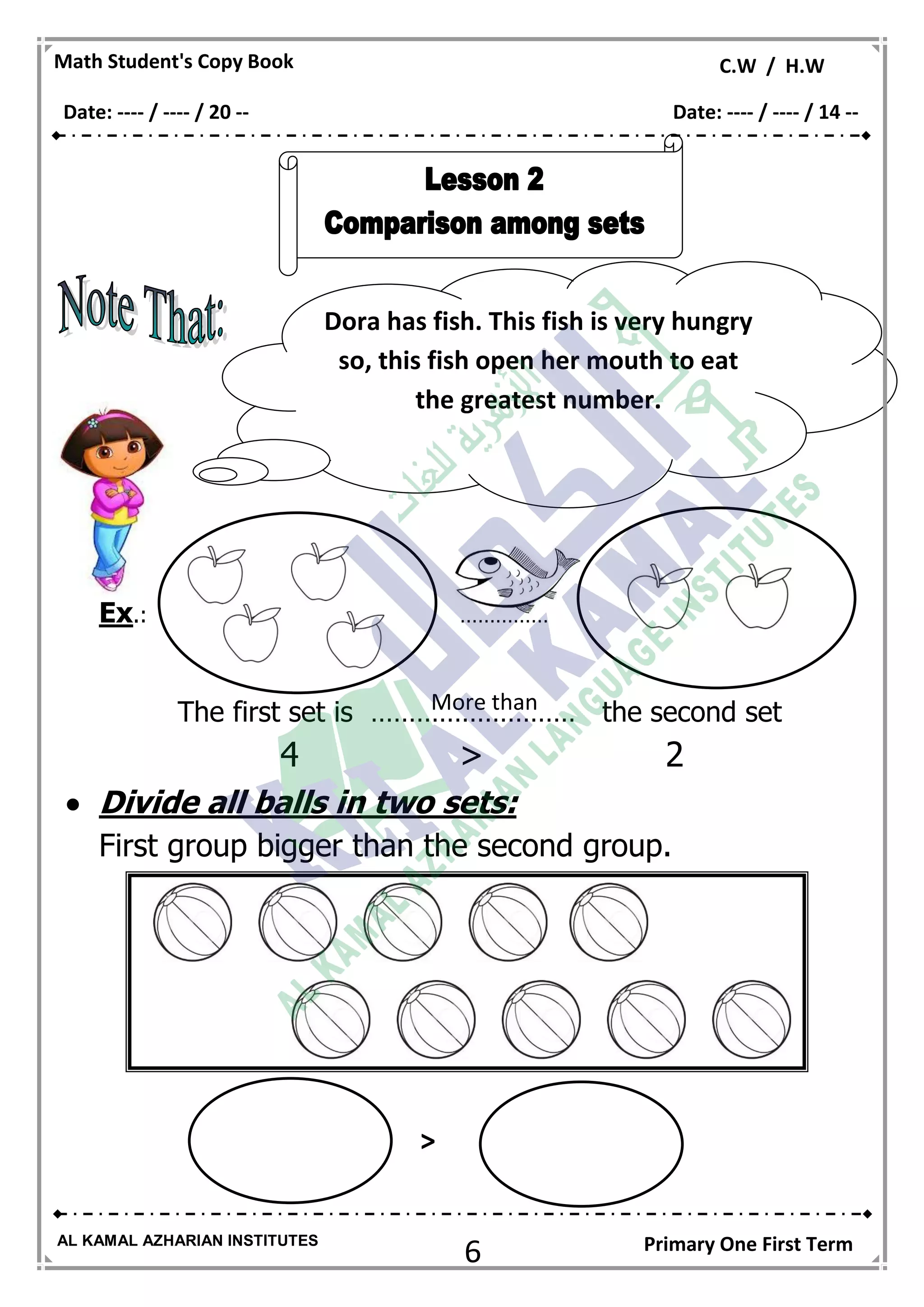 6
Math Student's Copy Book C.W / H.W
AL KAMAL AZHARIAN INSTITUTES Primary One First Term
Ex.: ……………
The first set is ……………………… the second set
4 > 2
 Divide all balls in two sets:
First group bigger than the second group.
>
Dora has fish. This fish is very hungry
so, this fish open her mouth to eat
the greatest number.
More than
Date: ---- / ---- / 20 -- Date: ---- / ---- / 14 --
 