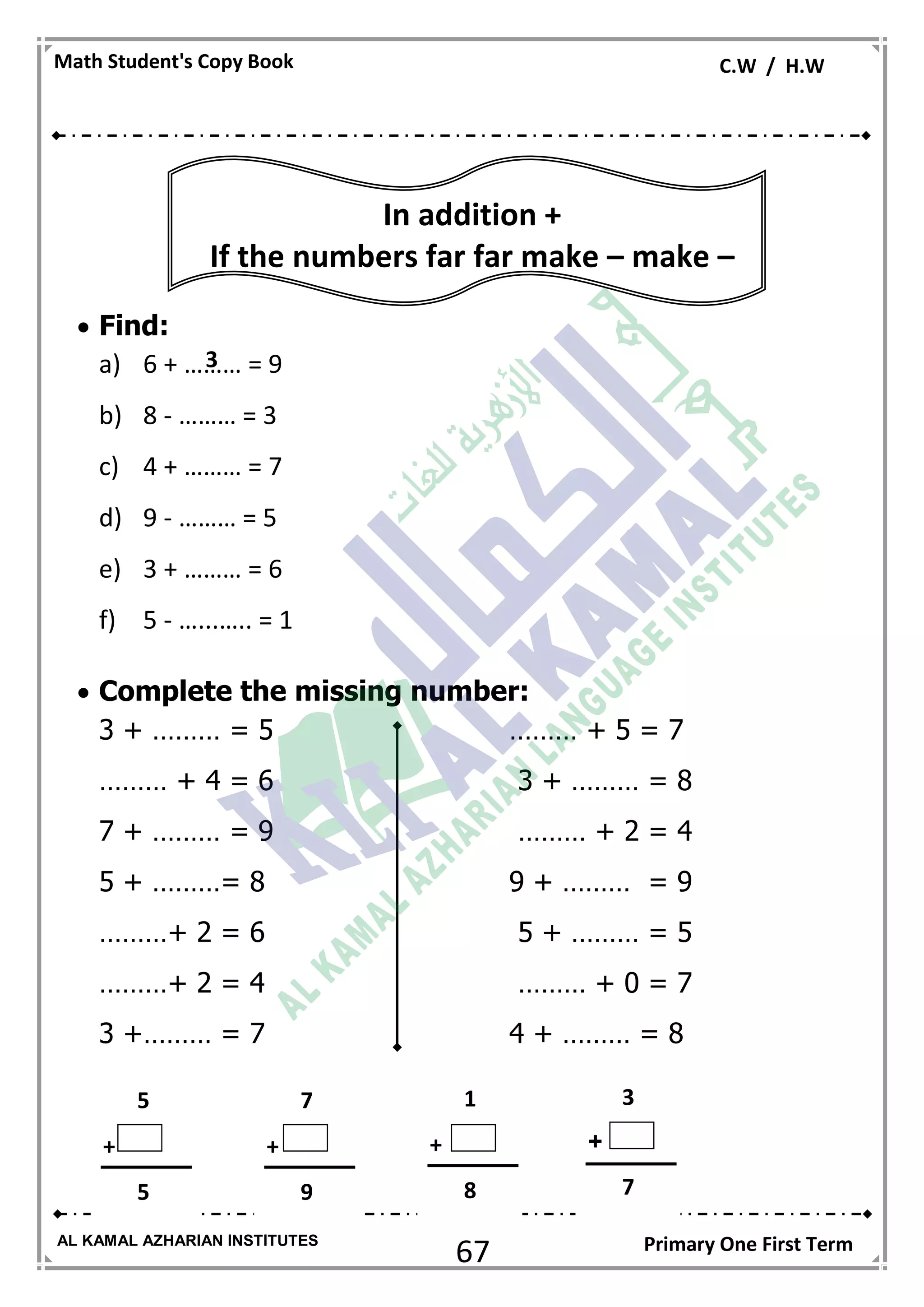 67
Math Student's Copy Book C.W / H.W
AL KAMAL AZHARIAN INSTITUTES Primary One First Term
 Find:
a) 6 + ……… = 9
b) 8 - ……… = 3
c) 4 + ……… = 7
d) 9 - ……… = 5
e) 3 + ……… = 6
f) 5 - …...….. = 1
 Complete the missing number:
3 + ……… = 5 ……… + 5 = 7
……… + 4 = 6 3 + ……… = 8
7 + ……… = 9 ……… + 2 = 4
5 + ………= 8 9 + ……… = 9
………+ 2 = 6 5 + ……… = 5
………+ 2 = 4 ……… + 0 = 7
3 +……… = 7 4 + ……… = 8
3
3
+
7
1
+
8
7
+
9
5
+
5
In addition +
If the numbers far far make – make –
 