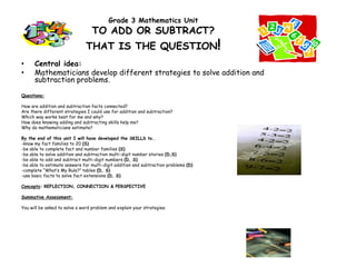 Grade 3 Mathematics Unit TO ADD OR SUBTRACT? THAT IS THE QUESTION!  Central idea:                                                              Mathematicians develop different strategies to solve addition and subtraction problems.   Questions: How are addition and subtraction facts connected? Are there different strategies I could use for addition and subtraction?   Which way works best for me and why? How does knowing adding and subtracting skills help me? Why do mathematicians estimate?   By the end of this unit I will have developed the SKILLS to… -know my fact families to 20 (S) -be able to complete fact and number families (S) -be able to solve addition and subtraction multi-digit number stories (D,S) -be able to add and subtract multi-digit numbers (D, S) -be able to estimate answers for multi-digit addition and subtraction problems (D) -complete “What’s My Rule?” tables (D, S) -use basic facts to solve fact extensions (D, S)   Concepts: REFLECTION, CONNECTION & PERSPECTIVE   Summative Assessment: You will be asked to solve a word problem and explain your strategies.  