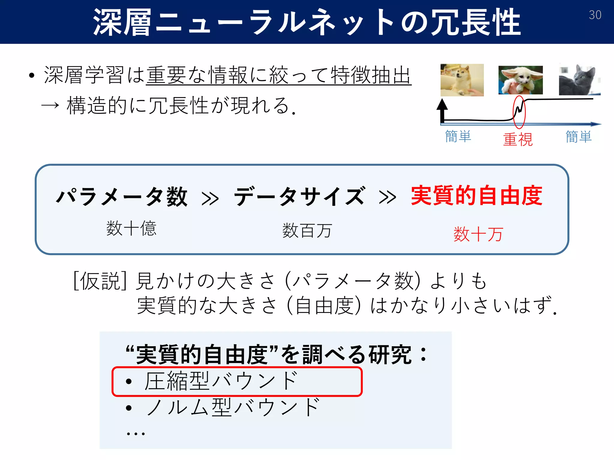 深層ニューラルネットの冗長性 30
• 深層学習は重要な情報に絞って特徴抽出
→ 構造的に冗長性が現れる．
重視 簡単簡単
パラメータ数 ≫ データサイズ
数十億 数百万 数十万
≫ 実質的自由度
[仮説] 見かけの大きさ (パラメータ数) よりも
実質的な大きさ (自由度) はかなり小さいはず．
“実質的自由度”を調べる研究：
• 圧縮型バウンド
• ノルム型バウンド
…
 