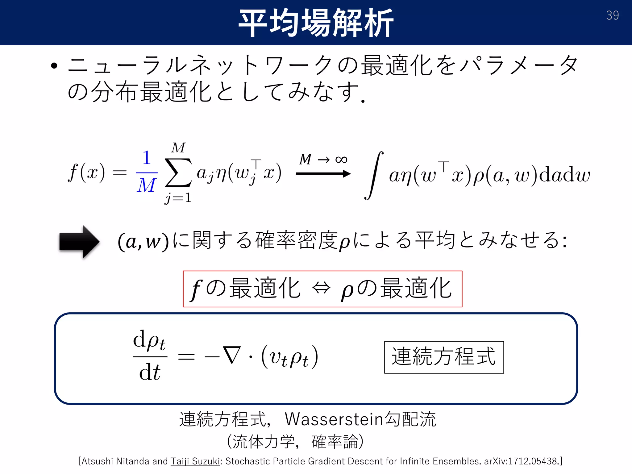 平均場解析
• ニューラルネットワークの最適化をパラメータ
の分布最適化としてみなす．
39
(𝑎𝑎, 𝑤𝑤)に関する確率密度𝜌𝜌による平均とみなせる:
𝑓𝑓の最適化 ⇔ 𝜌𝜌の最適化
連続方程式，Wasserstein勾配流
𝑀𝑀 → ∞
連続方程式
[Atsushi Nitanda and Taiji Suzuki: Stochastic Particle Gradient Descent for Infinite Ensembles. arXiv:1712.05438.]
(流体力学，確率論)
 
