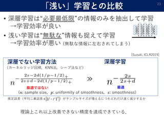 ǳѧȤα^ 23
?
(??: sample size??: uniformity of smoothness??: smoothness)
`ͥå؎KNN`ַʤɣ
ӤǤʤѧ
mǤϤʤ
ѧ
m
? ѧϡҪޡΤߤѧ
ѧʤ
? ǳѧϡojʡ׽ѧ
ѧʤ (ojҤƤޤ)
ՓϤϸƤǤʤȤ_ɤǤƤ룮
ƶ`ƽ\` E ??? ? ??? 2
ץ륵ˤĤɤ٤p٤뤫
[Suzuki, ICLR2019]
 