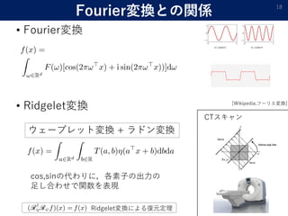Fourier変換との関係
• Fourier変換
18
• Ridgelet変換
ウェーブレット変換 + ラドン変換
cos,sinの代わりに，各素子の出力の
足し合わせで関数を表現
CTスキャン
Ridgelet変換による復元定理
[Wikipedia,フーリエ変換]
 
