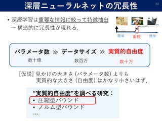 深層ニューラルネットの冗長性 30
• 深層学習は重要な情報に絞って特徴抽出
→ 構造的に冗長性が現れる．
重視 簡単簡単
パラメータ数 ≫ データサイズ
数十億 数百万 数十万
≫ 実質的自由度
[仮説] 見かけの大きさ (パラメータ数) よりも
実質的な大きさ (自由度) はかなり小さいはず．
“実質的自由度”を調べる研究：
• 圧縮型バウンド
• ノルム型バウンド
…
 