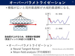 オーバーパラメトライゼーション
• 横幅が広いと局所最適解が大域的最適解になる．
38
• オーバーパラメトライゼーション
 Neural Tangent Kernel
 Mean-field analysis (平均場解析)
…
狭い横幅
広い横幅
自由度が上がるため，初期値が最適解
(完全フィット)の近くに位置する．
0
0
[Nitanda &Suzuki, arXiv:1905.09870]
[Nitanda &Suzuki, arXiv:1712.05438.][Ba,Erdogdu,Suzuki, Wu, Zhang, ICLR2020]
 
