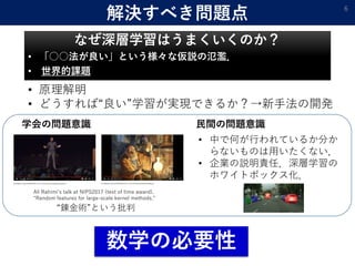 解決すべき問題点
なぜ深層学習はうまくいくのか？
• 「○○法が良い」という様々な仮説の氾濫．
• 世界的課題
6
“錬金術”という批判
学会の問題意識 民間の問題意識
Ali Rahimi’s talk at NIPS2017 (test of time award).
“Random features for large-scale kernel methods.”
• 中で何が行われているか分か
らないものは用いたくない．
• 企業の説明責任．深層学習の
ホワイトボックス化．
• 原理解明
• どうすれば“良い”学習が実現できるか？→新手法の開発
数学の必要性
 