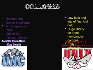 * Number one           * Low fees and
  choice in collages     lots of financial
* Amazing soccer         help
  team                 * Huge library
* One of the             on there
  highest ranking        humongous
  collages on the        campus
  east coast           * Easy
                         admission
 