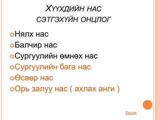 ХҮҮХДИЙН НАС
СЭТГЭХҮЙН ОНЦЛОГ
Нялх нас
Балчир нас
Сургуулийн өмнөх нас
Сургуулийн бага нас
Өсвөр нас
Орь залуу нас ( ахлах анги )
Буцах
 