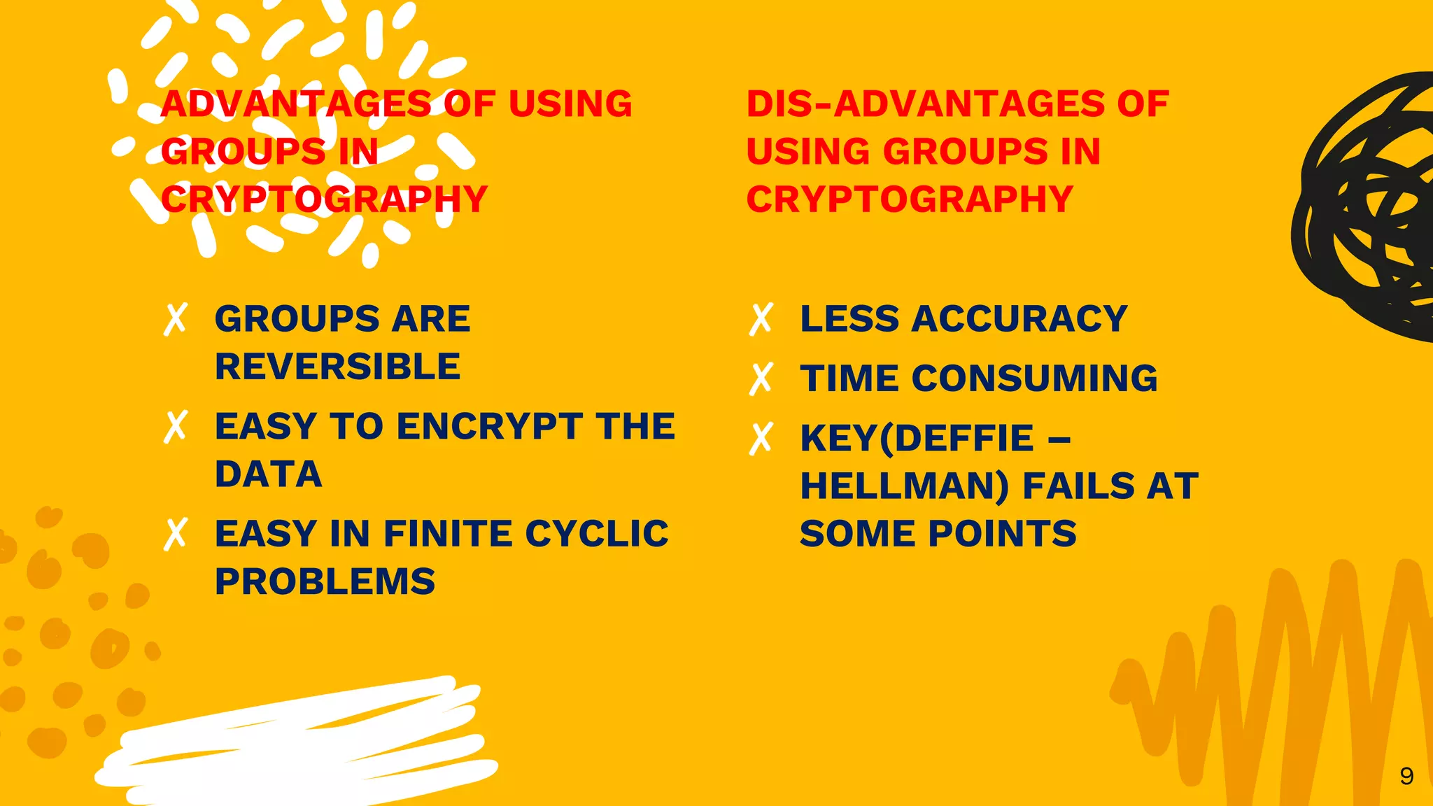 ADVANTAGES OF USING
GROUPS IN
CRYPTOGRAPHY
✘ GROUPS ARE
REVERSIBLE
✘ EASY TO ENCRYPT THE
DATA
✘ EASY IN FINITE CYCLIC
PROBLEMS
DIS-ADVANTAGES OF
USING GROUPS IN
CRYPTOGRAPHY
✘ LESS ACCURACY
✘ TIME CONSUMING
✘ KEY(DEFFIE –
HELLMAN) FAILS AT
SOME POINTS
9
 