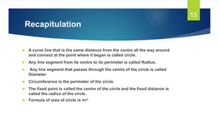 Recapitulation
 A curve line that is the same distance from the centre all the way around
and connect at the point where it began is called circle.
 Any line segment from its centre to its perimeter is called Radius.
 Any line segment that passes through the centre of the circle is called
Diameter .
 Circumference is the perimeter of the circle.
 The fixed point is called the centre of the circle and the fixed distance is
called the radius of the circle.
 Formula of area of circle is πr²
15
 
