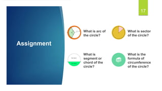 Assignment
What is arc of
the circle?
What is sector
of the circle?
What is
segment or
chord of the
circle?
What is the
formula of
circumference
of the circle?
17
 