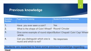 Previous knowledge
Question
Number
Pupil Teacher Activity Student’s Expected Responses
1.
2.
3.
4.
7
Have you ever seen a coin? Yes
What is the shape of Coin/ Wheel? Round/ Circular
Give some example of round object/
article
Button/ Chapati/ Coin/ Cap/ Wheel
Can you distinguish which one is
round and which is not?
No responses
Students are expected to have some previous knowledge regarding
 