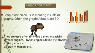 People use calculus in creating visuals or
graphs. Often the graphs/visuals are 3D.
0
5
Series 1 Series 2 Series 3
They are used often for video games, especially
physics engines. Physics engines define the physics
in the game such
as gravity, friction, etc.
Graphs and Visuals
 