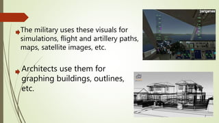 Architects use them for
graphing buildings, outlines,
etc.
The military uses these visuals for
simulations, flight and artillery paths,
maps, satellite images, etc.
 