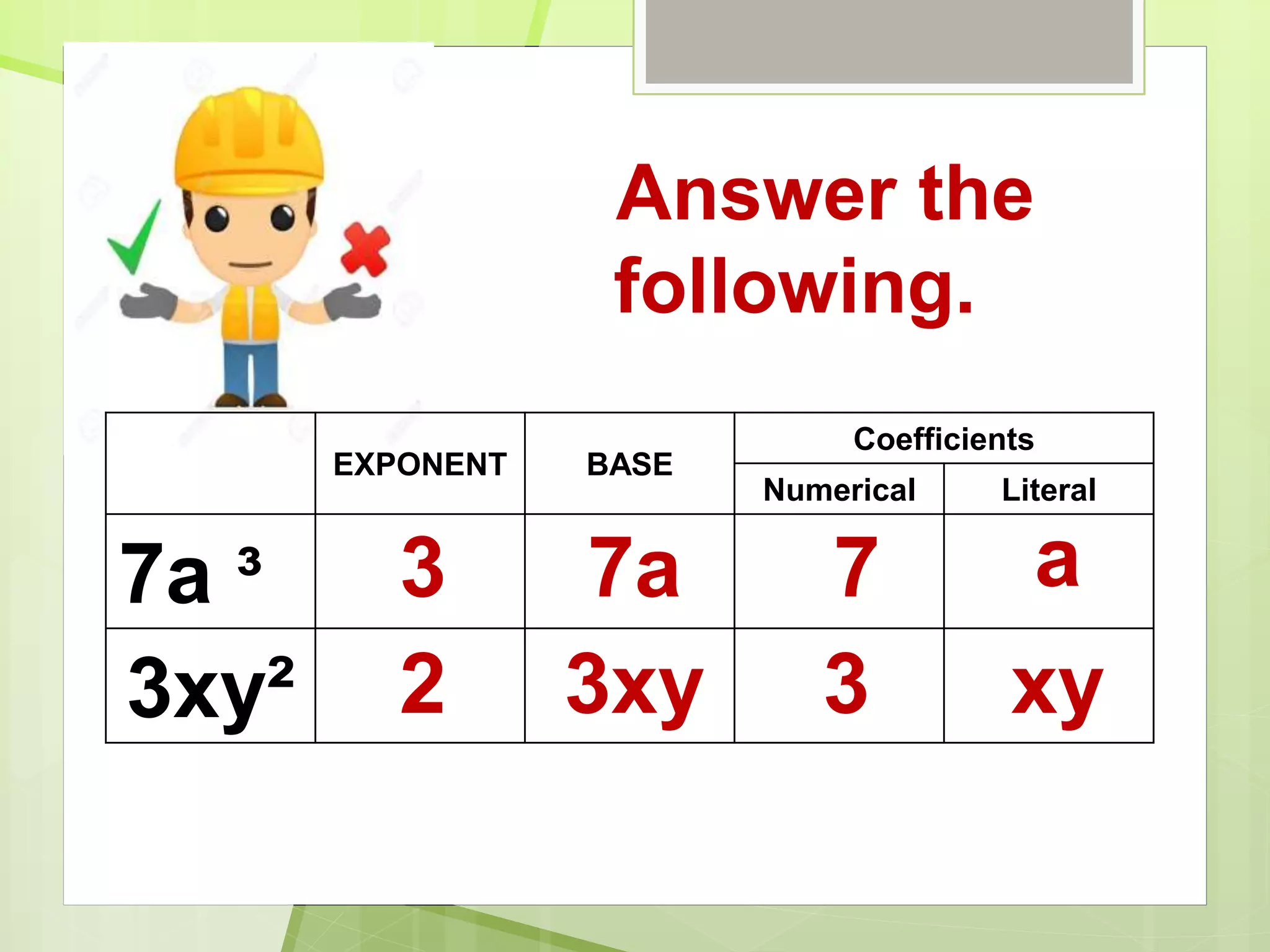 Answer the
following.
EXPONENT BASE
Coefficients
Numerical Literal
7a ³
3xy²
3 7a 7 a
2 3xy 3 xy
 