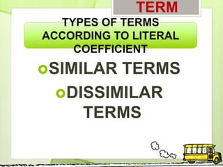 SIMILAR TERMS
DISSIMILAR
TERMS
TYPES OF TERMS
ACCORDING TO LITERAL
COEFFICIENT
TERM
 