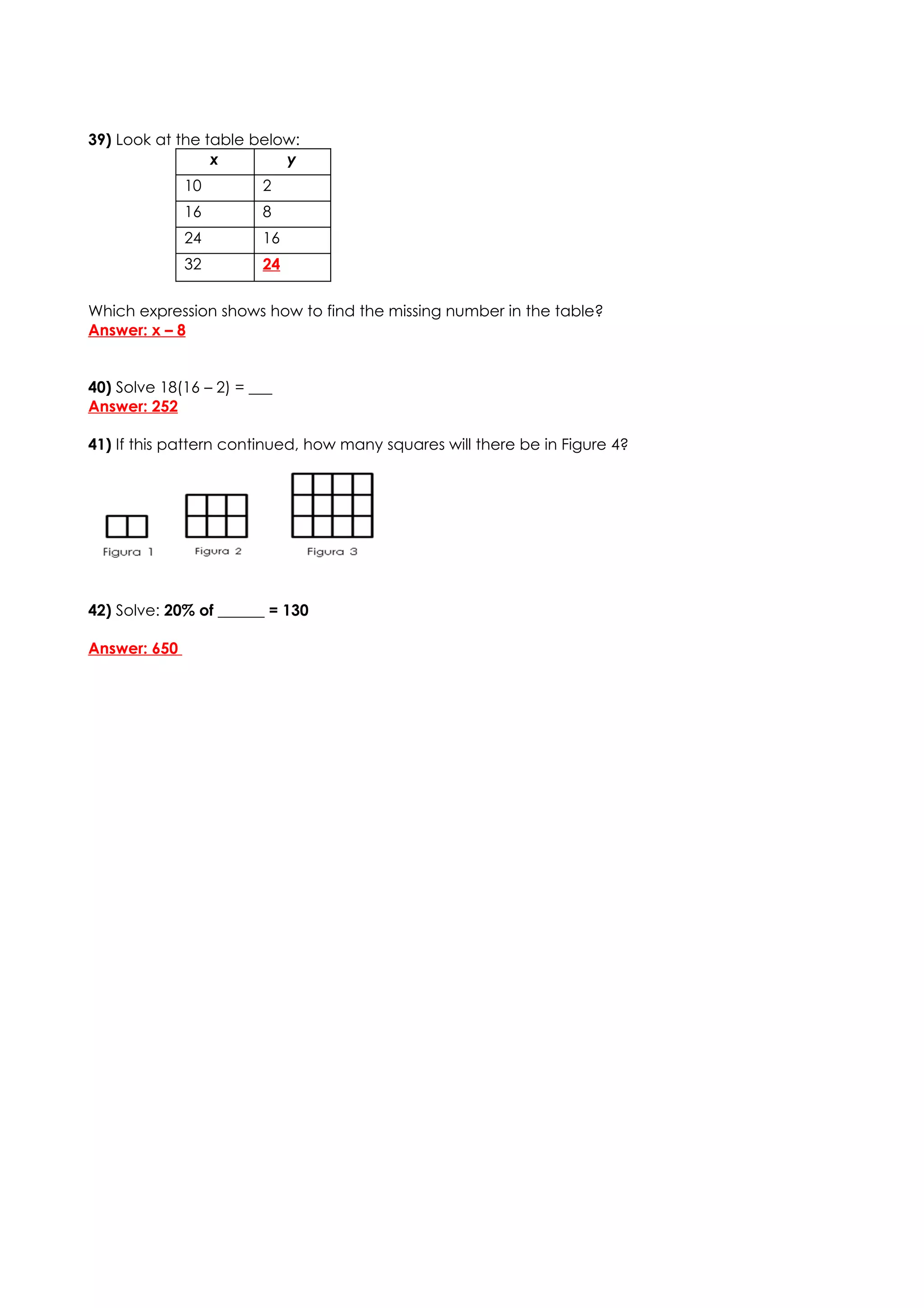 39) Look at the table below:
                 x        y
              10        2
              16        8
              24        16
              32        24


Which expression shows how to find the missing number in the table?
Answer: x – 8


40) Solve 18(16 – 2) = ___
Answer: 252

41) If this pattern continued, how many squares will there be in Figure 4?




42) Solve: 20% of ______ = 130

Answer: 650
 