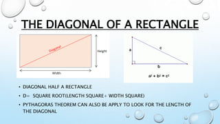 • DIAGONAL HALF A RECTANGLE
• D= SQUARE ROOT(LENGTH SQUARE+ WIDTH SQUARE)
• PYTHAGORAS THEOREM CAN ALSO BE APPLY TO LOOK FOR THE LENGTH OF
THE DIAGONAL
THE DIAGONAL OF A RECTANGLE
 