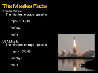 The Missiles Facts Korean Missile:      The missile's average  speed in:   mph - 1016.18   km/day -   km/hr -   USA Missile:      The missile's average  speed in:   mph - 1090.68   km/day -   km/hr -  