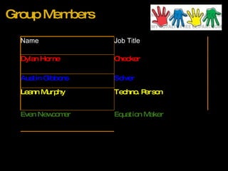 Group Members Name Job Title Dylan Horne Checker Austin Gibbons Solver Leann Murphy Techno. Person Even Newcomer Equation Maker 