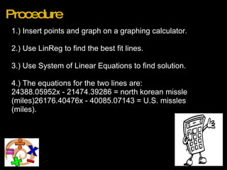 Procedure 1.) Insert points and graph on a graphing calculator.   2.) Use LinReg to find the best fit lines.   3.) Use System of Linear Equations to find solution.   4.) The equations for the two lines are: 24388.05952x - 21474.39286 = north korean missle (miles)26176.40476x - 40085.07143 = U.S. missles (miles).   