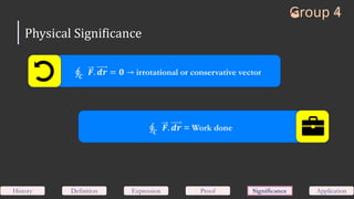 History Definition Expression Proof Significance Application
Physical Significance
𝑪
𝑭. 𝒅𝒓 = 𝟎 → irrotational or conservative vector
𝑪
𝑭. 𝒅𝒓 = Work done
 