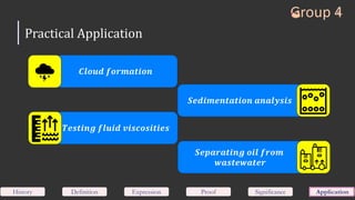 History Definition Expression Proof Significance Application
Practical Application
𝑪𝒍𝒐𝒖𝒅 𝒇𝒐𝒓𝒎𝒂𝒕𝒊𝒐𝒏
𝑺𝒆𝒅𝒊𝒎𝒆𝒏𝒕𝒂𝒕𝒊𝒐𝒏 𝒂𝒏𝒂𝒍𝒚𝒔𝒊𝒔
𝑻𝒆𝒔𝒕𝒊𝒏𝒈 𝒇𝒍𝒖𝒊𝒅 𝒗𝒊𝒔𝒄𝒐𝒔𝒊𝒕𝒊𝒆𝒔
𝑺𝒆𝒑𝒂𝒓𝒂𝒕𝒊𝒏𝒈 𝒐𝒊𝒍 𝒇𝒓𝒐𝒎
𝒘𝒂𝒔𝒕𝒆𝒘𝒂𝒕𝒆𝒓
 