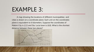 EXAMPLE 3:
A map showing the locations of different municipalities and
cities is drawn on a coordinate plane. Each unit on the coordinates
plane is equivalent to 6 kilometers. Suppose the coordinates of
Mabini City is (2,2) and Sta. Lucia town is (6,8). What is the shortest
distance between these two places?
 