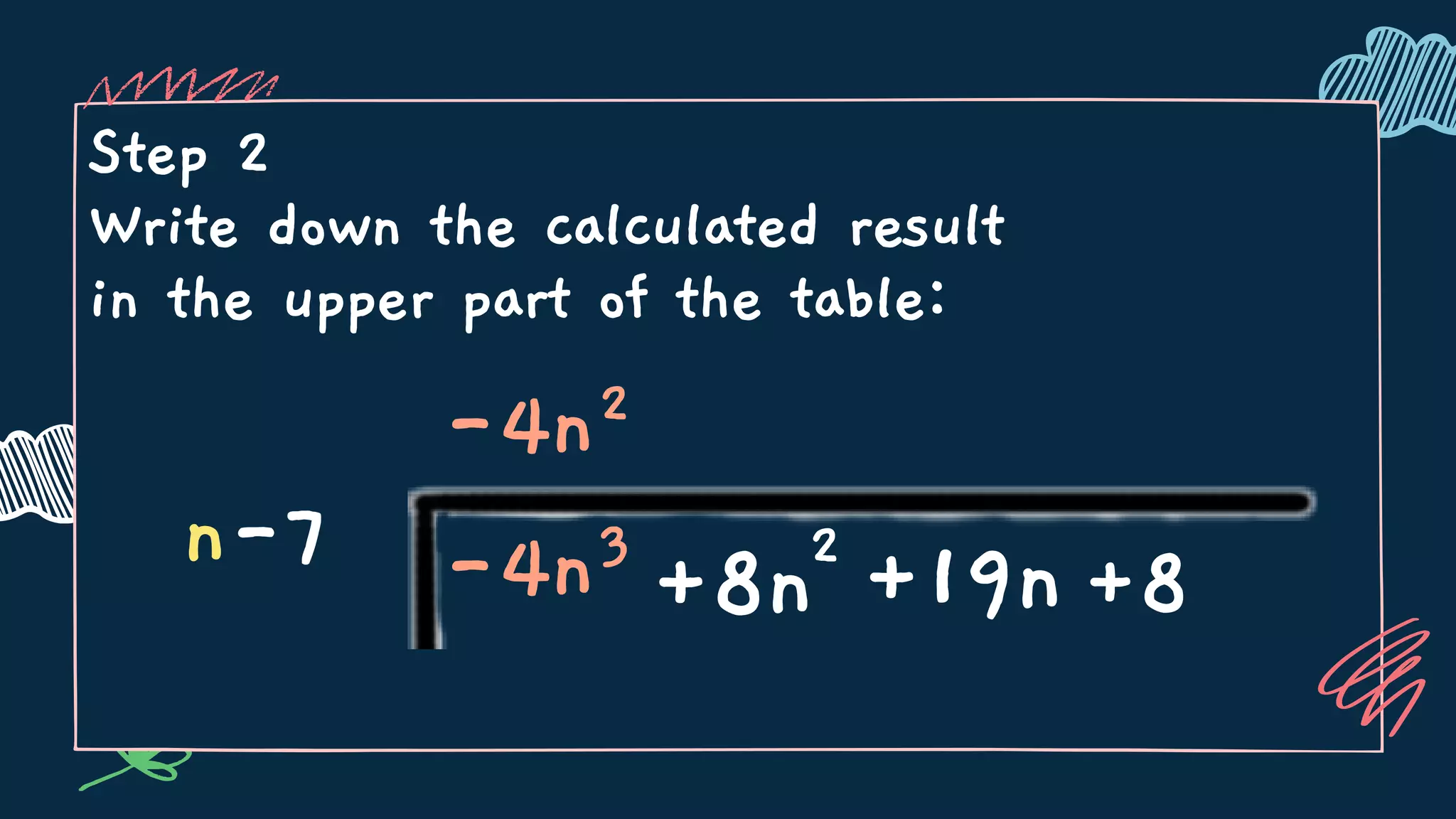 Step 2
Write down the calculated result
in the upper part of the table:
n-7 3
+8n +8
-4n
-4n2
2
+19n
 