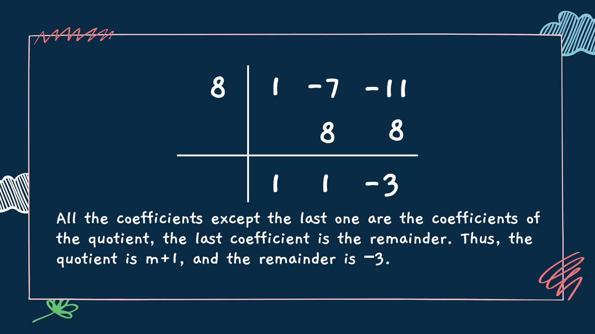 All the coefficients except the last one are the coefficients of
the quotient, the last coefficient is the remainder. Thus, the
quotient is m+1, and the remainder is −3.
8 1 -7
8
1
8
1 -3
-11
 