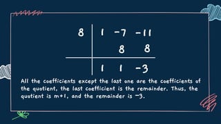 All the coefficients except the last one are the coefficients of
the quotient, the last coefficient is the remainder. Thus, the
quotient is m+1, and the remainder is −3.
8 1 -7
8
1
8
1 -3
-11
 