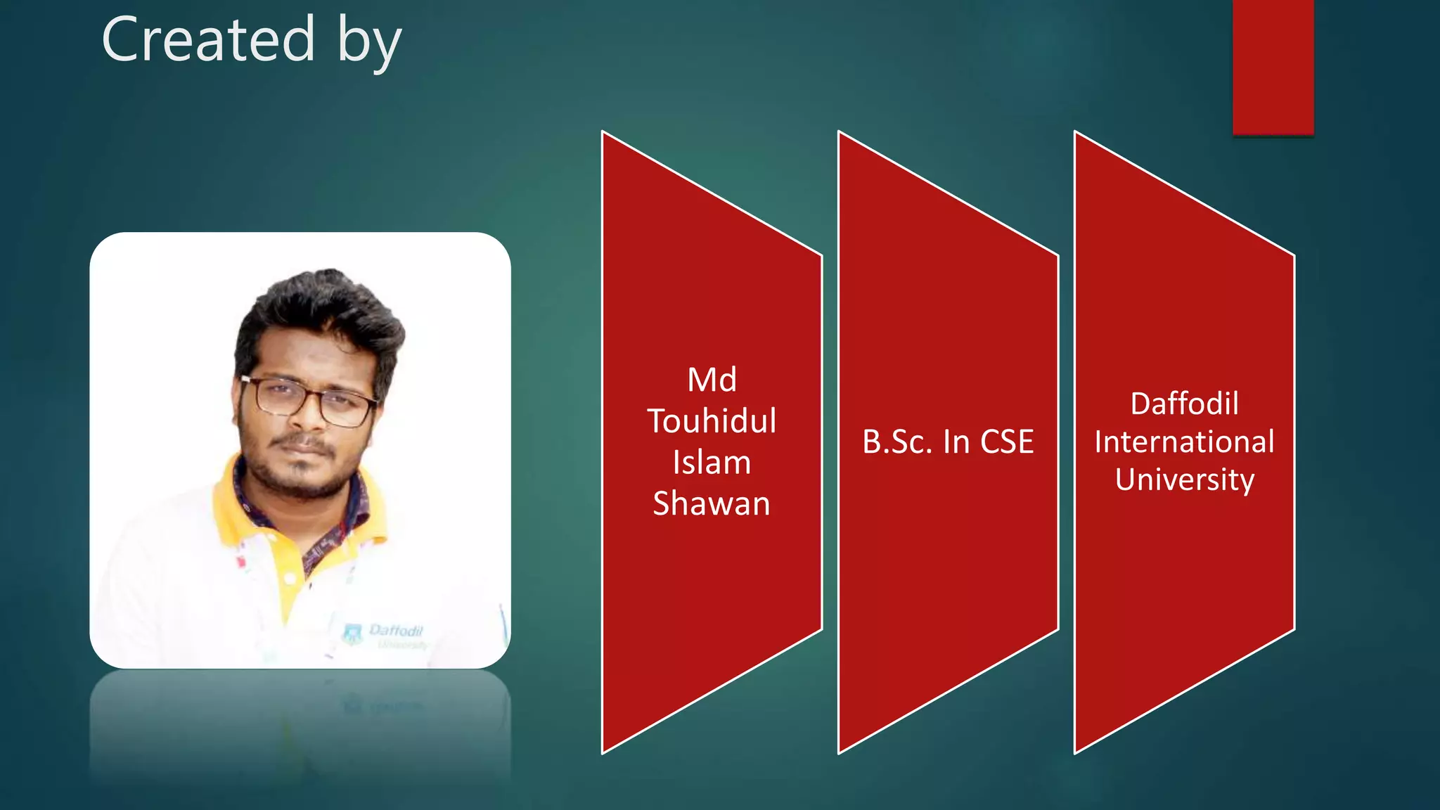 Created by
Md
Touhidul
Islam
Shawan
B.Sc. In CSE
Daffodil
International
University
 