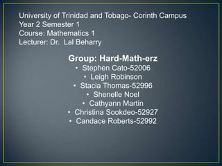University of Trinidad and Tobago- Corinth Campus
Year 2 Semester 1
Course: Mathematics 1
Lecturer: Dr. Lal Beharry

              Group: Hard-Math-erz
                 • Stephen Cato-52006
                    • Leigh Robinson
                • Stacia Thomas-52996
                     • Shenelle Noel
                   • Cathyann Martin
              • Christina Sookdeo-52927
               • Candace Roberts-52992
 