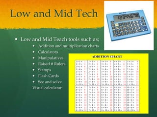 Low and Mid Tech

 Low and Mid Teach tools such as;
        Addition and multiplication charts
        Calculators
        Manipulatives
        Raised # Rulers
        Stamps
        Flash Cards
        See and solve
       Visual calculator
 