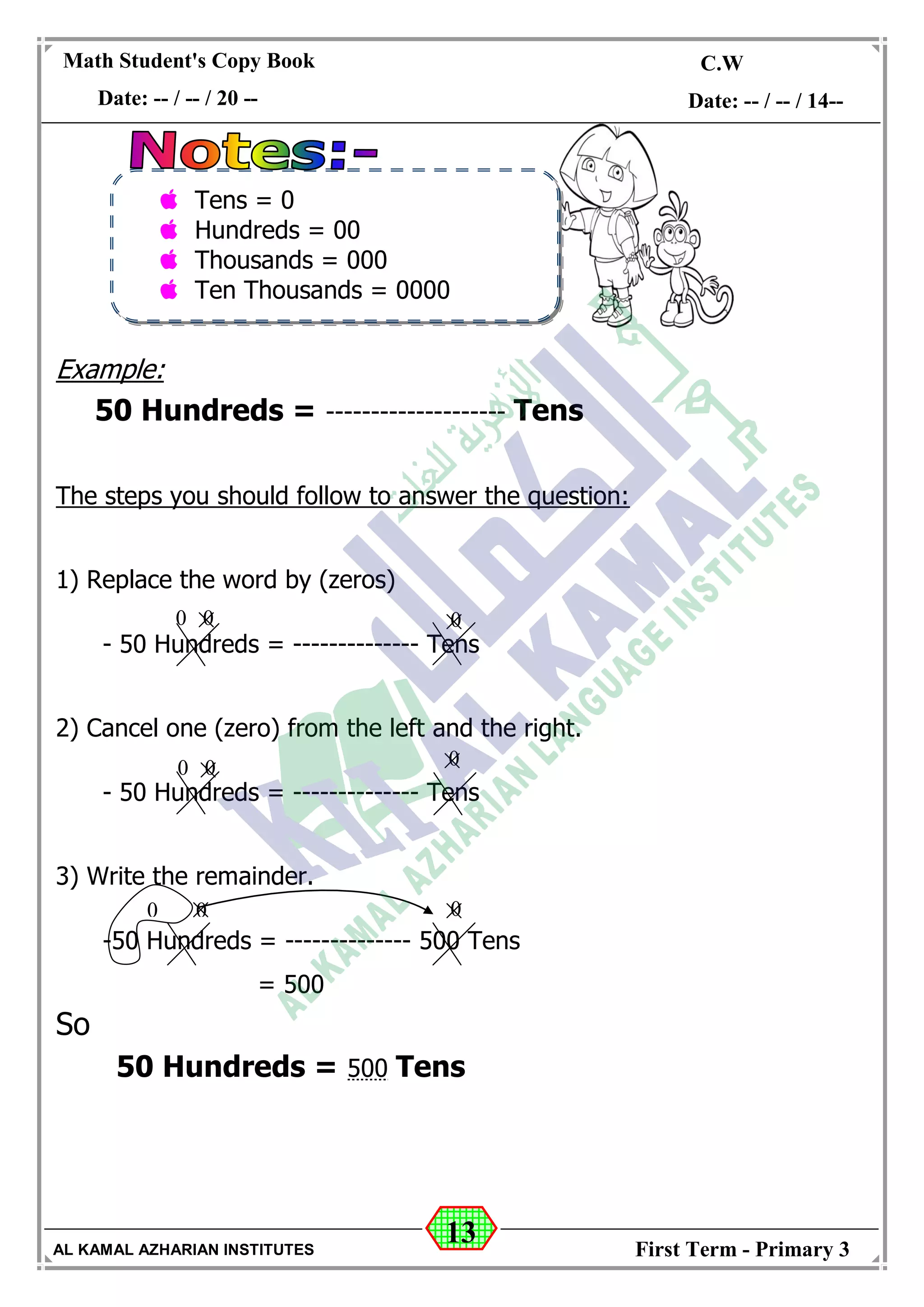 13
Math Student's Copy Book
Date: -- / -- / 20 --
C.W / H.W
Date: -- / -- / 14--
AL KAMAL AZHARIAN INSTITUTES First Term - Primary 3
Example:
50 Hundreds = -------------------- Tens
The steps you should follow to answer the question:
1) Replace the word by (zeros)
- 50 Hundreds = -------------- Tens
2) Cancel one (zero) from the left and the right.
- 50 Hundreds = -------------- Tens
3) Write the remainder.
-50 Hundreds = -------------- 500 Tens
= 500
So
50 Hundreds = 500 Tens
0 0
0 0 0
0 0 0
0
Tens = 0
Hundreds = 00
Thousands = 000
Ten Thousands = 0000
 