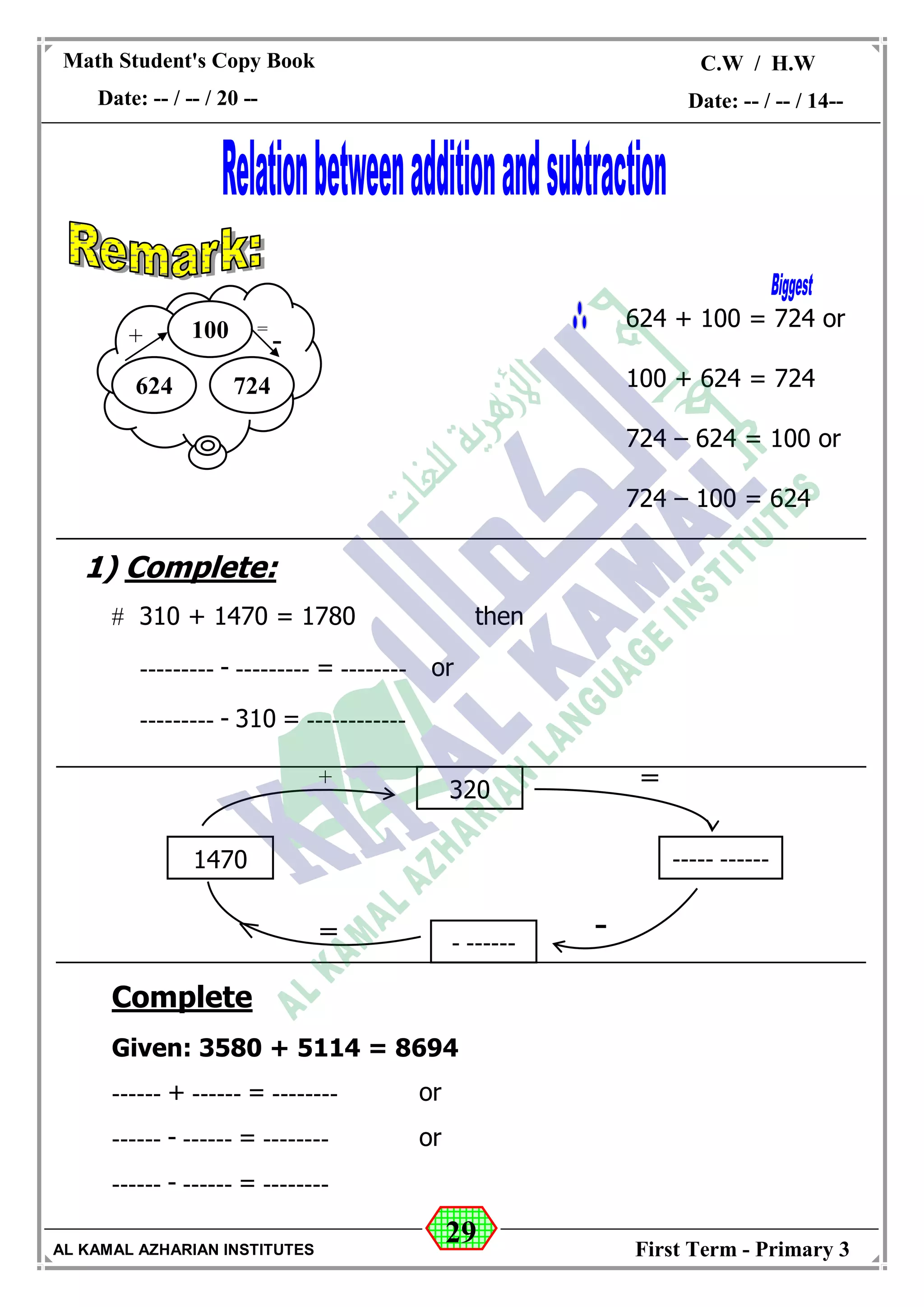 29
Math Student's Copy Book
Date: -- / -- / 20 --
C.W / H.W
Date: -- / -- / 14--
AL KAMAL AZHARIAN INSTITUTES First Term - Primary 3
1) Complete:
 310 + 1470 = 1780 then
--------- - --------- = -------- or
--------- - 310 = ------------
Complete
Given: 3580 + 5114 = 8694
------ + ------ = -------- or
------ - ------ = -------- or
------ - ------ = --------
624 + 100 = 724 or
100 + 624 = 724
724 – 624 = 100 or
724 – 100 = 624
=100
624 724
+ -
=
320
+
1470
- ------
----- ------
-
=
 