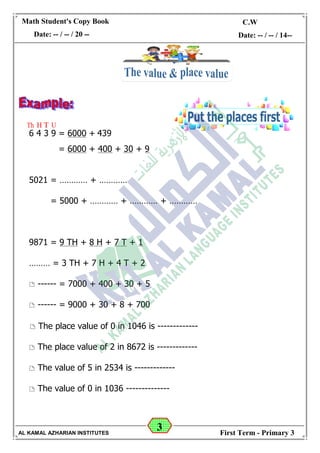 3
Math Student's Copy Book
Date: -- / -- / 20 --
C.W / H.W
Date: -- / -- / 14--
AL KAMAL AZHARIAN INSTITUTES First Term - Primary 3
6 4 3 9 = 6000 + 439
= 6000 + 400 + 30 + 9
5021 = ………… + …………
= 5000 + ………… + ………… + …………
9871 = 9 TH + 8 H + 7 T + 1
……… = 3 TH + 7 H + 4 T + 2
 ------ = 7000 + 400 + 30 + 5
 ------ = 9000 + 30 + 8 + 700
 The place value of 0 in 1046 is -------------
 The place value of 2 in 8672 is -------------
 The value of 5 in 2534 is -------------
 The value of 0 in 1036 --------------
 