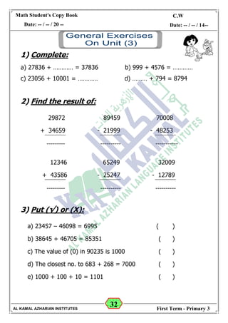 32
Math Student's Copy Book
Date: -- / -- / 20 --
C.W / H.W
Date: -- / -- / 14--
AL KAMAL AZHARIAN INSTITUTES First Term - Primary 3
1) Complete:
a) 27836 + ………… = 37836 b) 999 + 4576 = …………
c) 23056 + 10001 = ………… d) ……… + 794 = 8794
2) Find the result of:
29872 89459 70008
+ 34659 - 21999 - 48253
--------- ---------- -----------
12346 65249 32009
+ 43586 - 25247 - 12789
--------- ---------- ----------
3) Put (√) or (X):
a) 23457 – 46098 = 6995 ( )
b) 38645 + 46705 = 85351 ( )
c) The value of (0) in 90235 is 1000 ( )
d) The closest no. to 683 + 268 = 7000 ( )
e) 1000 + 100 + 10 = 1101 ( )
 