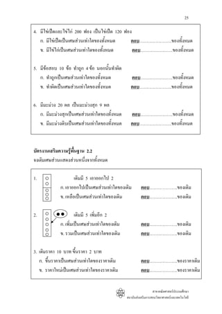 25

4. มีไขเปดและไขไก 200 ฟอง เปนไขเปด 120 ฟอง
   ก. มีไขเปดเปนเศษสวนเทาใดของทั้งหมด       ตอบ………………….ของทั้งหมด
   ข. มีไขไกเปนเศษสวนเทาใดของทั้งหมด         ตอบ………………….ของทั้งหมด

5. มีขอสอบ 10 ขอ ทําถูก 4 ขอ นอกนั้นทําผิด
   ก. ทําถูกเปนเศษสวนเทาใดของทั้งหมด           ตอบ………………….ของทั้งหมด
   ข. ทําผิดเปนเศษสวนเทาใดของทั้งหมด           ตอบ………………….ของทั้งหมด

6. มีมะมวง 20 ผล เปนมะมวงสุก 9 ผล
   ก. มีมะมวงสุกเปนเศษสวนเทาใดของทั้งหมด      ตอบ………………….ของทั้งหมด
   ข. มีมะมวงดิบเปนเศษสวนเทาใดของทั้งหมด      ตอบ………………….ของทั้งหมด



บัตรงานเสริมความรูพื้นฐาน 2.2
จงเติมเศษสวนแสดงสวนหนึ่งจากทั้งหมด

1.                   เดิมมี 5 เอาออกไป 2
             ก. เอาออกไปเปนเศษสวนเทาใดของเดิม         ตอบ……………….ของเดิม
             ข. เหลือเปนเศษสวนเทาใดของเดิม            ตอบ……………….ของเดิม

2.                    เดิมมี 5 เพิ่มอีก 2
             ก. เพิ่มเปนเศษสวนเทาใดของเดิม            ตอบ……………….ของเดิม
             ข. รวมเปนเศษสวนเทาใดของเดิม              ตอบ……………….ของเดิม

3. เดิมราคา 10 บาท ขึ้นราคา 2 บาท
   ก. ขึ้นราคาเปนเศษสวนเทาใดของราคาเดิม               ตอบ……………….ของราคาเดิม
   ข. ราคาใหมเปนเศษสวนเทาใดของราคาเดิม               ตอบ……………….ของราคาเดิม


                                                                  สาขาคณิตศาสตรประถมศึกษา
                                                สถาบันสงเสริมการสอนวิทยาศาสตรและเทคโนโลยี
 
