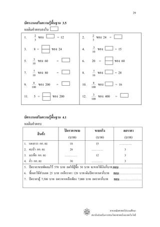 29

บัตรงานเสริมความรูพื้นฐาน 3.5
จงเติมคําตอบลงใน
1.       2 ของ          = 12              2.     2 ของ 24 =
         3                                       3

3.       8=         ของ 24                4.     3 ของ                = 15
                                                10

5.       3 ของ 60       =                 6.    20 =                  ของ 60
        10

7.       7 ของ 80       =                 8.     7 ของ                = 28
        10                                      10

9.      8 ของ 200      =                  10.    8 ของ                 = 16
       100                                      100

11.      5 =         ของ 200              12.    3 ของ 400             =
                                                100



บัตรงานเสริมความรูพื้นฐาน 4.1
จงเติมคําตอบ
                             ปดราคาขาย            ขายจริง                    ลดราคา
          สินคา
                                (บาท)               (บาท)                      (บาท)
1.    แตงกวา กก. ละ                  18                  15             ………….
2.    คะนา กก. ละ                   28               …………                3
3.    มะเขือ กก. ละ              ………….                   12               3
4.    ถั่ว กก. ละ                    30               …………                3
5.    ปดราคาขายพัดลมไว 570 บาท ลดใหผซื้อ 50 บาท จะขายไดเงินกีบาท ตอบ………………………
                                          ู                       ่
6.    ซื้อเตาไดสวนลด 25 บาท เหลือราคา 120 บาท เดิมปดราคาเตากี่บาท ตอบ……………………
7.    ปดราคาตู 7,500 บาท ลดราคาเหลือเพียง 7,000 บาท ลดราคากี่บาท ตอบ……………………




                                                                  สาขาคณิตศาสตรประถมศึกษา
                                                สถาบันสงเสริมการสอนวิทยาศาสตรและเทคโนโลยี
 