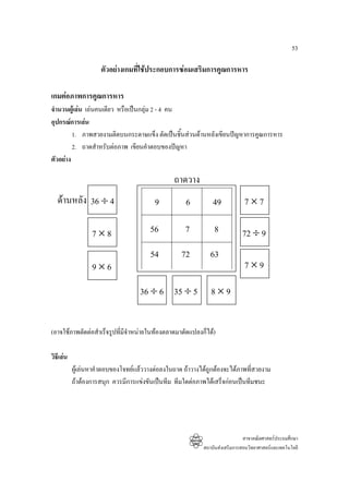 53

                     ตัวอยางเกมที่ใชประกอบการซอมเสริมการคูณการหาร

เกมตอภาพการคูณการหาร
จํานวนผูเลน เลนคนเดียว หรือเปนกลุม 2 - 4 คน
อุปกรณการเลน
         1. ภาพสวยงามติดบนกระดาษแข็ง ตัดเปนชินสวนดานหลังเขียนปญหาการคูณการหาร
                                                 ้
         2. ถาดสําหรับตอภาพ เขียนคําตอบของปญหา
ตัวอยาง

                                                ถาดวาง
   ดานหลัง 36 ÷ 4                       9          6          49            7×7

                  7×8                  56           7          8            72 ÷ 9
                                       54          72         63
                  9×6                                                        7×9

                                    36 ÷ 6 35 ÷ 5             8×9


(อาจใชภาพตัดตอสําเร็จรูปที่มีจําหนายในทองตลาดมาดัดแปลงก็ได)

วิธีเลน
           ผูเลนหาคําตอบของโจทยแลววางตอลงในถาด ถาวางไดถกตองจะไดภาพที่สวยงาม
                                                              ู
           ถาตองการสนุก ควรมีการแขงขันเปนทีม ทีมใดตอภาพไดเสร็จกอนเปนทีมชนะ




                                                                             สาขาคณิตศาสตรประถมศึกษา
                                                           สถาบันสงเสริมการสอนวิทยาศาสตรและเทคโนโลยี
 