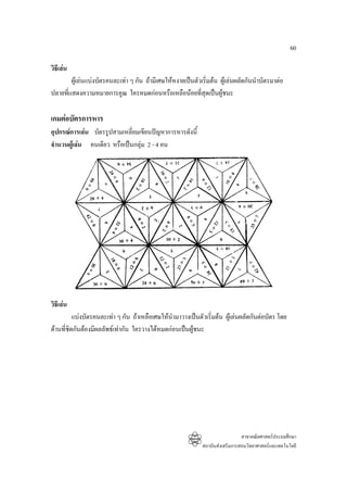 60

วิธีเลน
        ผูเลนแบงบัตรคนละเทา ๆ กัน ถามีเศษใหหงายเปนตัวเริมตน ผูเลนผลัดกันนําบัตรมาตอ
                                                               ่
ปลายทีแสดงความหมายการคูณ ใครหมดกอนหรือเหลือนอยที่สุดเปนผูชนะ
      ่

เกมตอบัตรการหาร
อุปกรณการเลน บัตรรูปสามเหลี่ยมเขียนปญหาการหารดังนี้
จํานวนผูเลน คนเดียว หรือเปนกลุม 2 - 4 คน




วิธีเลน
          แบงบัตรคนละเทา ๆ กัน ถาเหลือเศษใหนํามาวางเปนตัวเริ่มตน ผูเลนผลัดกันตอบัตร โดย
ดานที่ชิดกันตองมีผลลัพธเทากัน ใครวางไดหมดกอนเปนผูชนะ




                                                                               สาขาคณิตศาสตรประถมศึกษา
                                                             สถาบันสงเสริมการสอนวิทยาศาสตรและเทคโนโลยี
 
