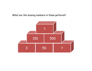 What are the missing numbers in these patterns?




                           ?

                 150            500

           3              50              ?
 