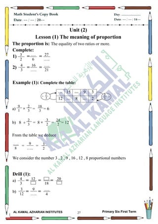 27
Math Student's Copy Book
Date: -- / -- / 20--
Day: ………………
Date: -- / -- / 14--
AL KAMAL AZHARIAN INSTITUTES Primary Six First Term
Unit (2)
Lesson (1) The meaning of proportion
The proportion is: The equality of two ratios or more.
Complete:
1) = =
2) = =
Example (1): Complete the table:
a) × = = 6
b) 8  = 8 × = = 12
From the table we deduce
= =
We consider the number 3 , 2 , 9 , 16 , 12 , 8 proportional numbers
Drill (1):
a) = = =
b) = =
27
…..
3
2
….
6
16
…..
4
3
….
21
2
3
1
9
1
1
18
3
2
3
1
3
2
24
2
…..
8
9
…..
3
2
18
4
3
12
9
…..
3
12
….
4
20
39...15...
2...8...12
÷
2
3 ×
2
3
 