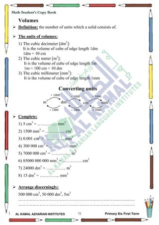 72
Math Student's Copy Book
AL KAMAL AZHARIAN INSTITUTES Primary Six First Term
Volumes
 Definition: the number of units which a solid consists of.
 The units of volumes:
1) The cubic decimeter [dm3
]:
It is the volume of cube of edge length 1dm
1dm = 10 cm
2) The cubic meter [m3
]:
It is the volume of cube of edge length 1m
1m = 100 cm = 10 dm
3) The cubic millimeter [mm3
]:
It is the volume of cube of edge length 1mm
Converting units
 Complete:
1) 5 cm3
= ………….. mm3
2) 1500 mm3
= ………….. cm3
3) 0.001 cm3
= ………….. mm3
4) 300 000 cm3
= ………….. mm3
5) 7000 000 cm3
= ………….. m3
6) 85000 000 000 mm3
= ………….. cm3
7) 24000 dm3
= ………….. m3
8) 15 dm3
= ………….. mm3
 Arrange discerningly:
500 000 cm3
, 50 000 dm3
, 5m3
……………………………………………………………………….
……………………………………………………………………….
cm3
1000×
 1000
m3
dm3
mm3
1000× 1000×
 1000  1000
 