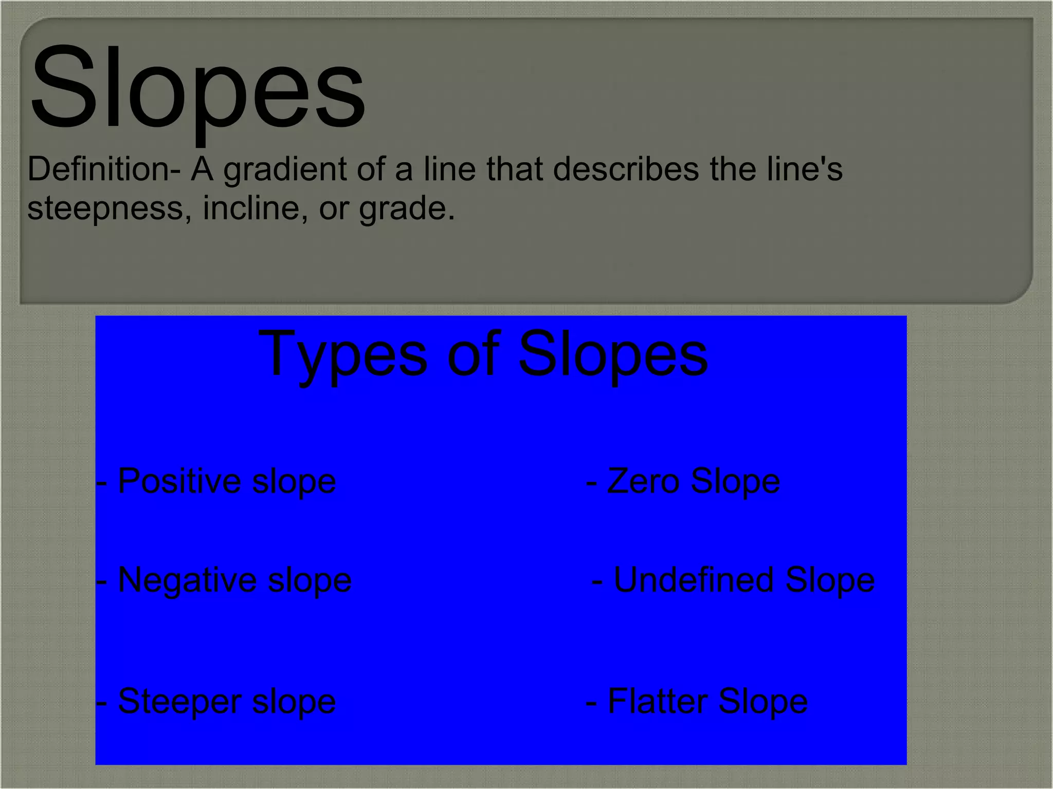 Slopes  Definition- A gradient of a line that describes the line's steepness, incline, or grade. Types of Slopes     - Positive slope                         - Zero Slope       - Negative slope                        - Undefined Slope      - Steeper slope                         - Flatter Slope       