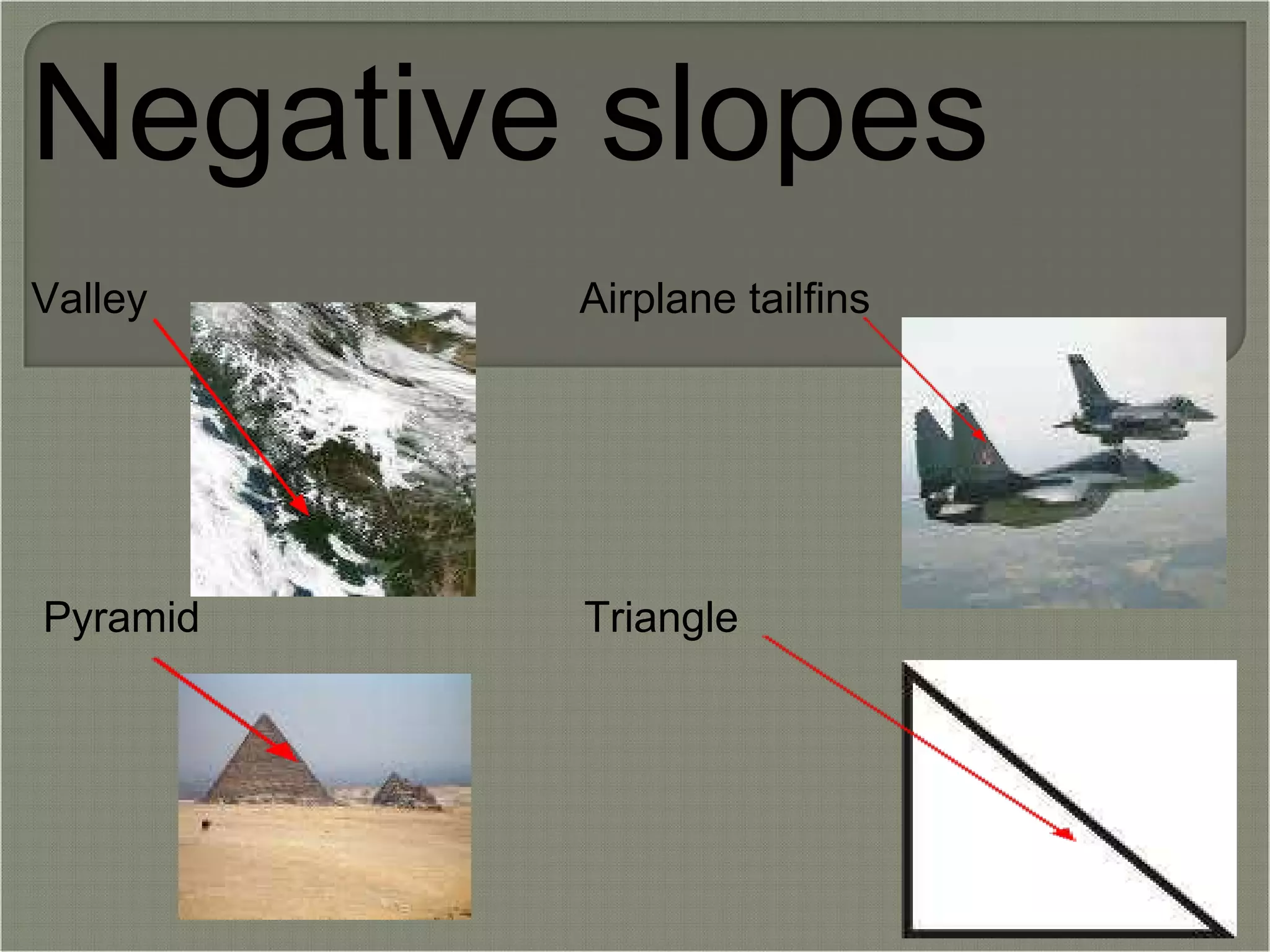 Negative slopes   Valley                                    Airplane tailfins               Pyramid                                Triangle 